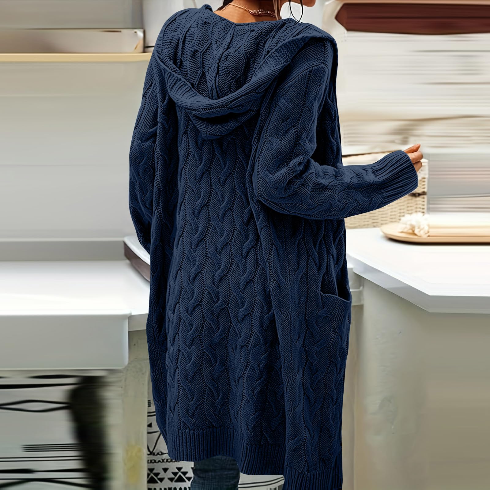 FUPODD Strickmantel Damen Lang Mit Kapuze Cardigan Winter Warm Strickjacken