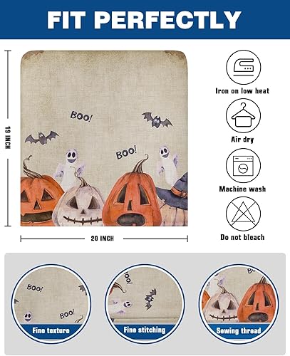 Miniatura 6 de Paquete de 4 fundas para respaldo de silla de Halloween para sillas de comedor, fantasma, calabaza, murciélago de terror, beige, lavable, elástico,