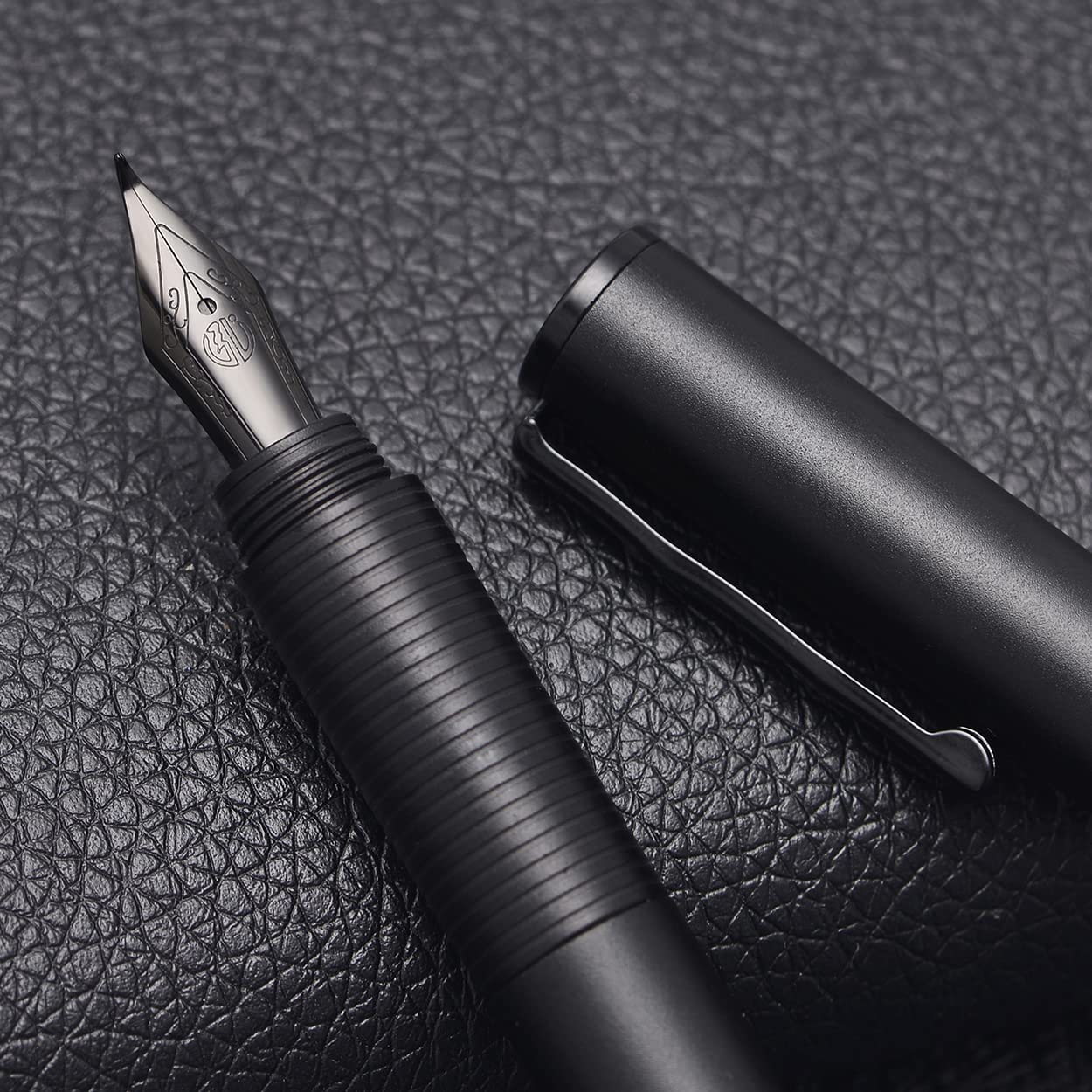 Hongdian H3 Fountain Pen Titanium Black Bent Nib with Bamboo Pen Clip, Black Aluminum Alloy Writing Pen