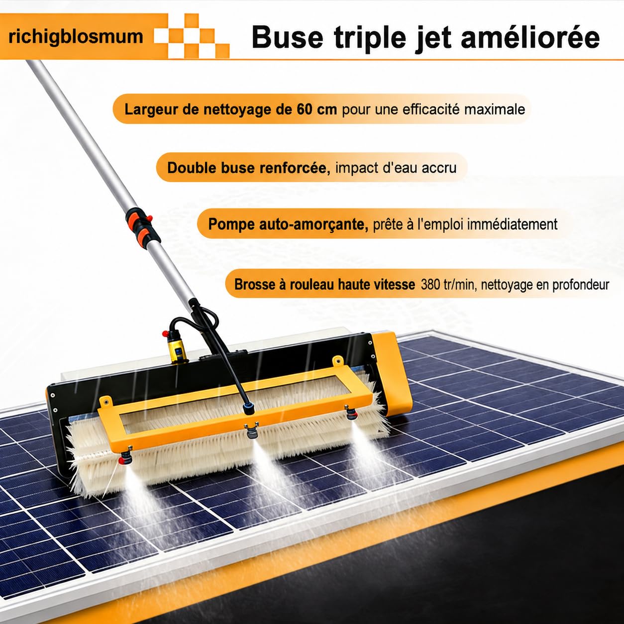 Spazzola Elettrica per Pulizia Pannelli Solari con Asta Telescopica Cordless-7.6M