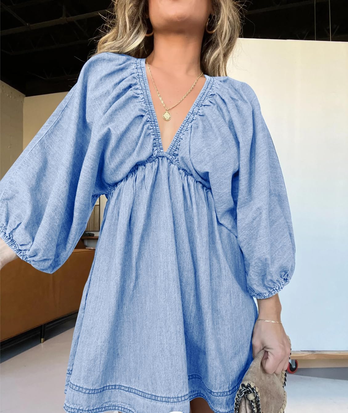 utcoco Denim Dress for Women Puff 3/4 Sleeves V Neck Swing A Line Cute Babydoll Mini Jean Dresses for Women 2025 - Image 4