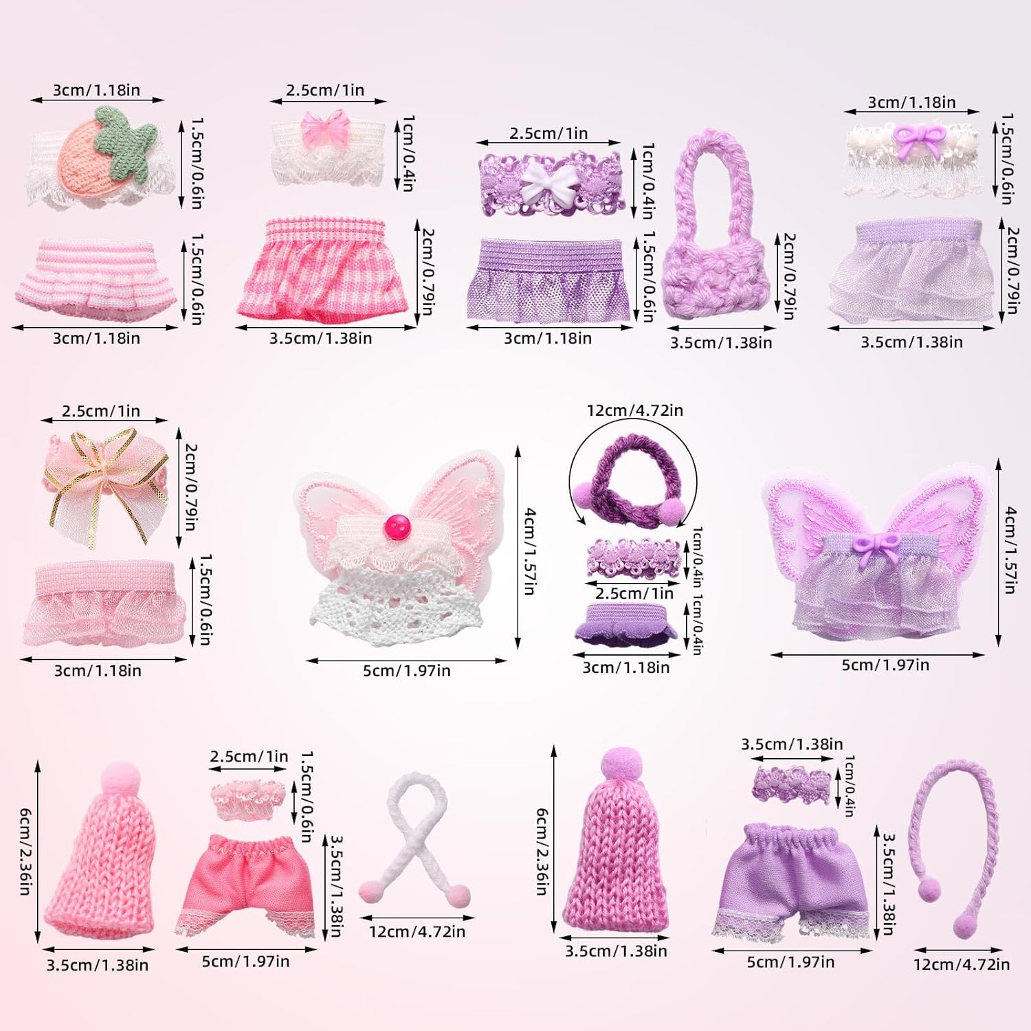 10 Sets 3in/7.5-8cm Doll Clothes Outfits, Including Tiny Tops Skirts Pants Hats Scarfs Wings Small Doll Fashion Accessories Mini Baby Costume for Display & Decoration (Pink, Purple)