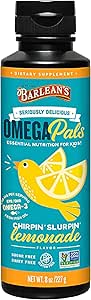 Barlean's Omega Pals Chirpin' Slurpin' Omega 3 for Kids, Yummy Lemonade Flavored Children's Liquid Fish Oil Supplement with 540 mg of EPA and DHA for Brain and Eye Health, 8 oz