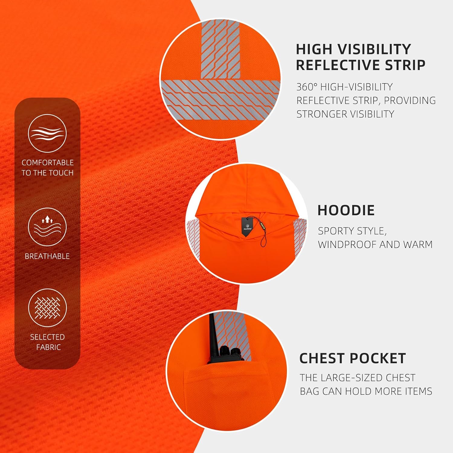 GLIMMR Hi Vis Hoodie Safety Reflective High Visibility Long Sleeve T Shirts with Hood for Men Class 3 Construction Workwear - Image 4