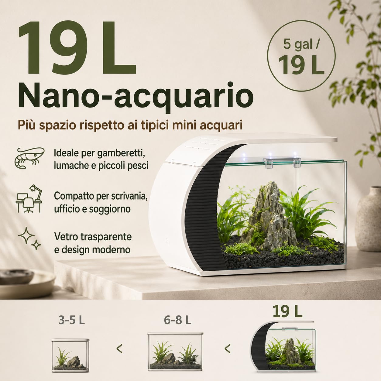 Acquario con illuminazione a LED e pompa d'acqua, capacità per pesci ornamentali, granchi, piante, ideale per soggiorno, camera da letto, ufficio, decorazione
