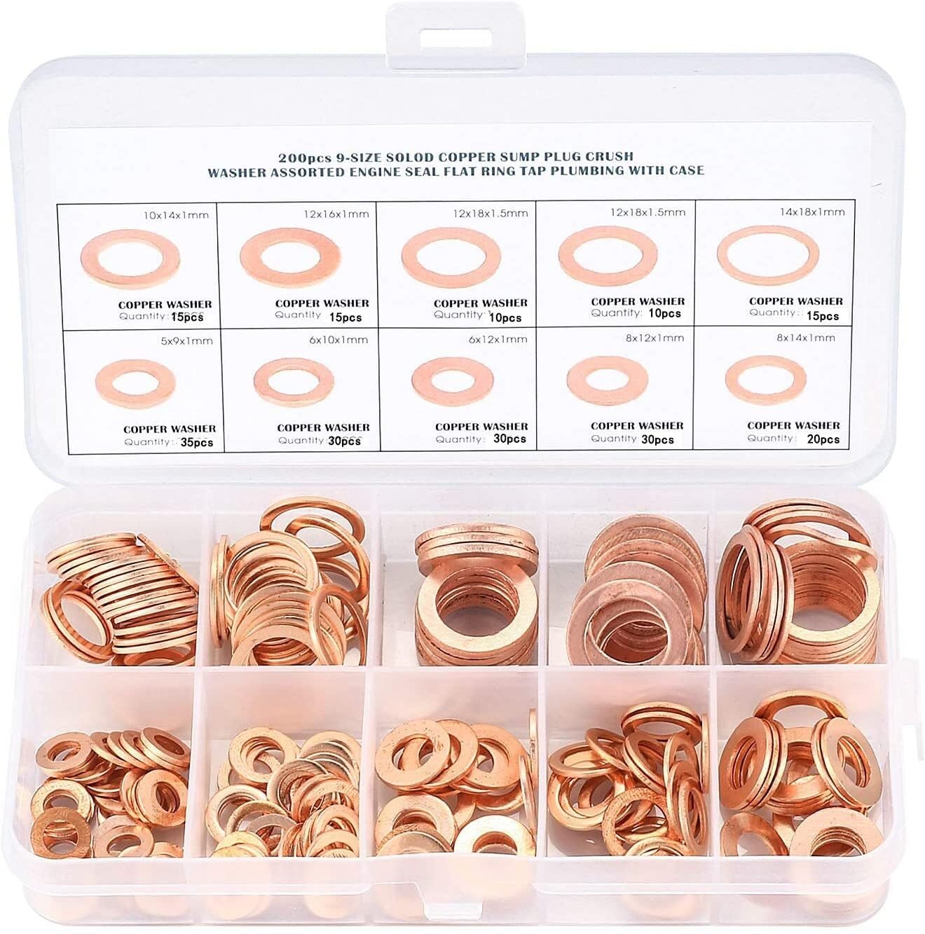 Generic 210Pcs M5-M14 Cuivre Joint D'étanchéité Solide Rondelle Bouchon De Carter D'huile for Bateau Écraser Plat Bague D'étanchéité Outil Matériel Accessoires Pack