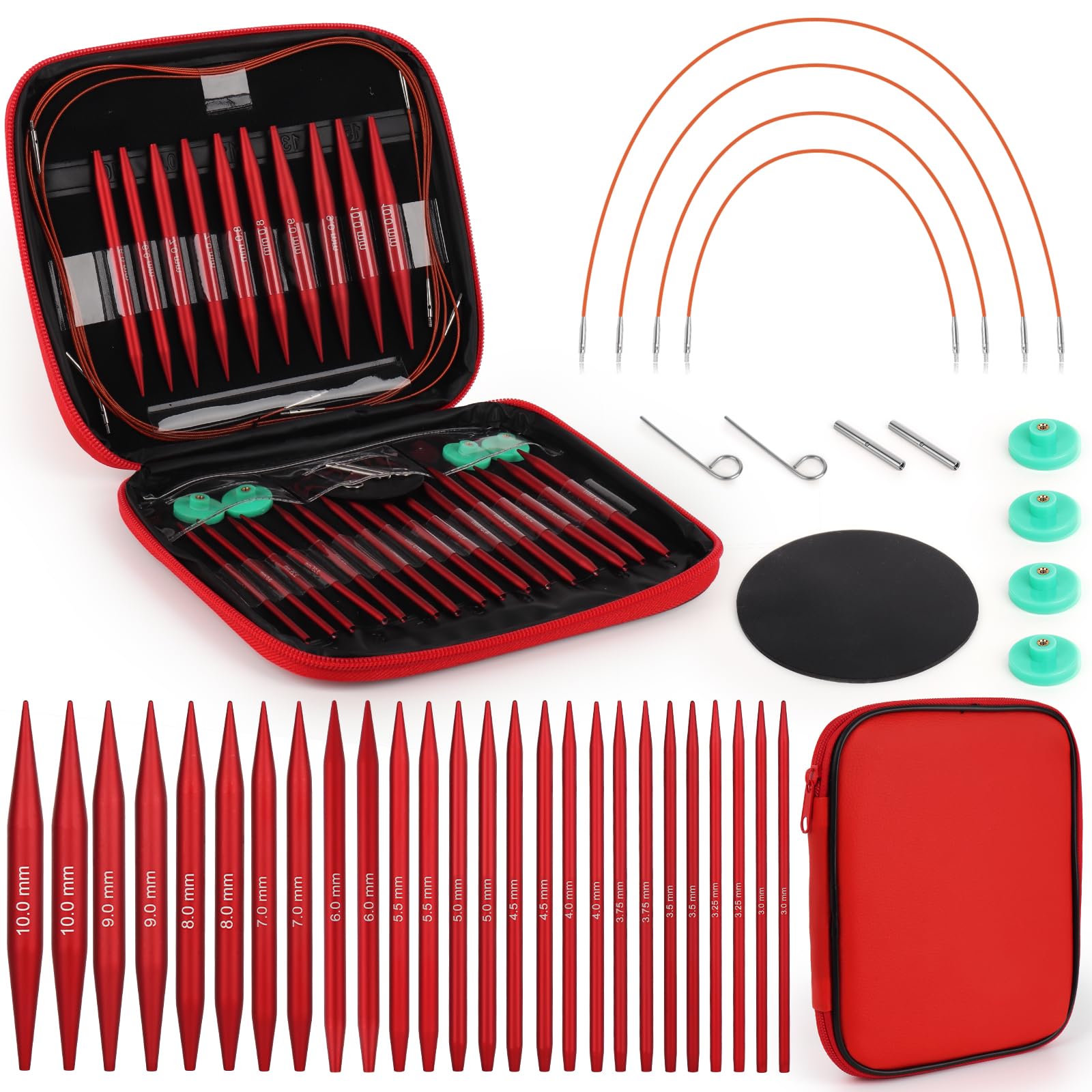 Coopay 13 Pairs Interchangeable Circular Knitting Needles 3-10 mm, Aluminium Knitting Needle, Starter Knitting Kit, Circular Knitting Needle for Baby, Sweater, Scarf – Matte Red