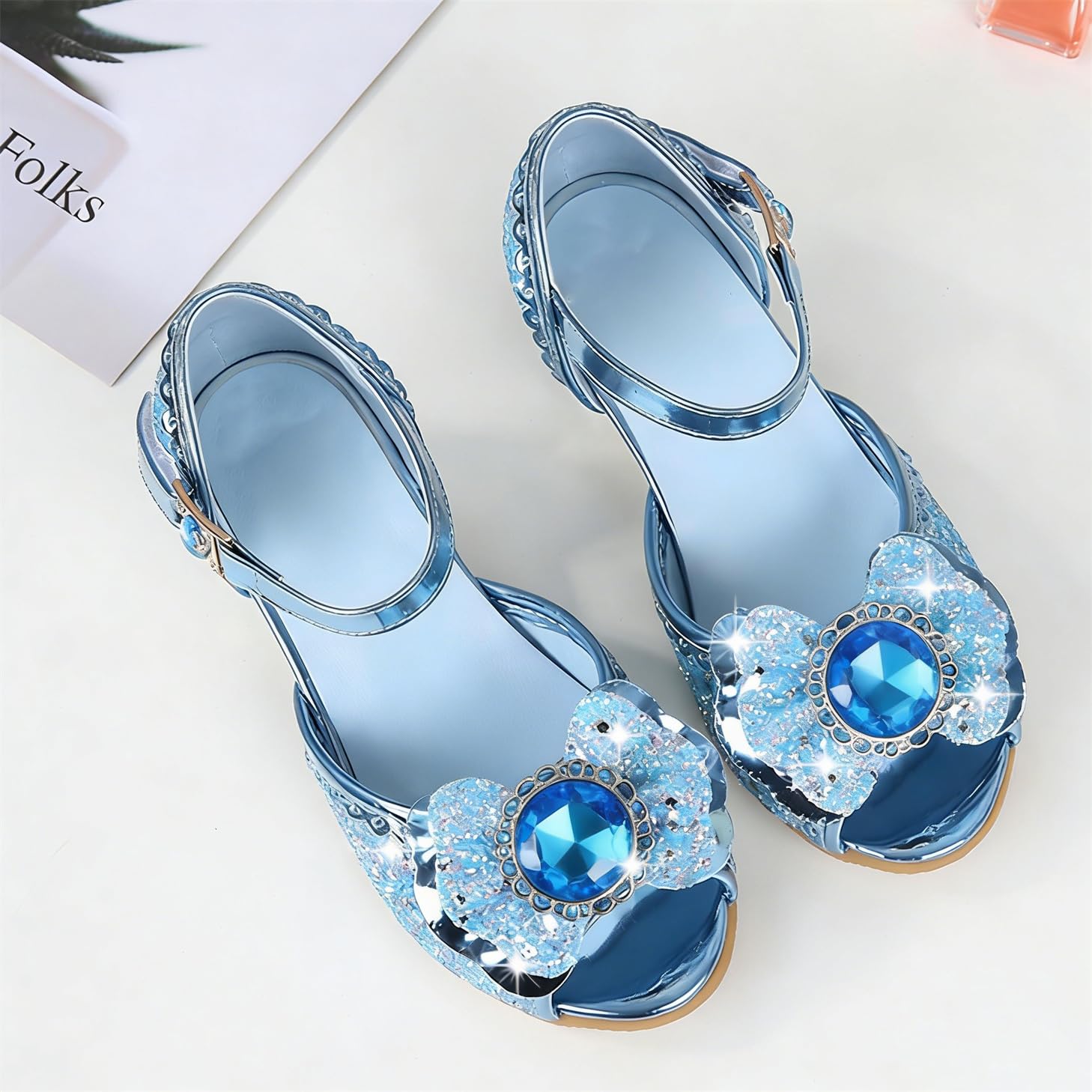 FStory&Winyee Sandales Princesse Enfant Filles Reine des Neiges Bouche Poisson Talons Hauts Chaussures Ballerines Elsa Arc Charmant Doux Cosplay Déguisement Ceremonie et Fêtes