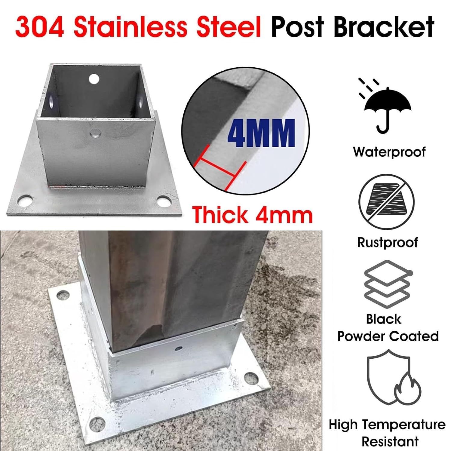 Fence Foot Base Support Heavy Duty Fence Post Support with Fittings for Decking/Concrete/Balustrade，Fence Gate Post Anchor(130x130x80 MM)