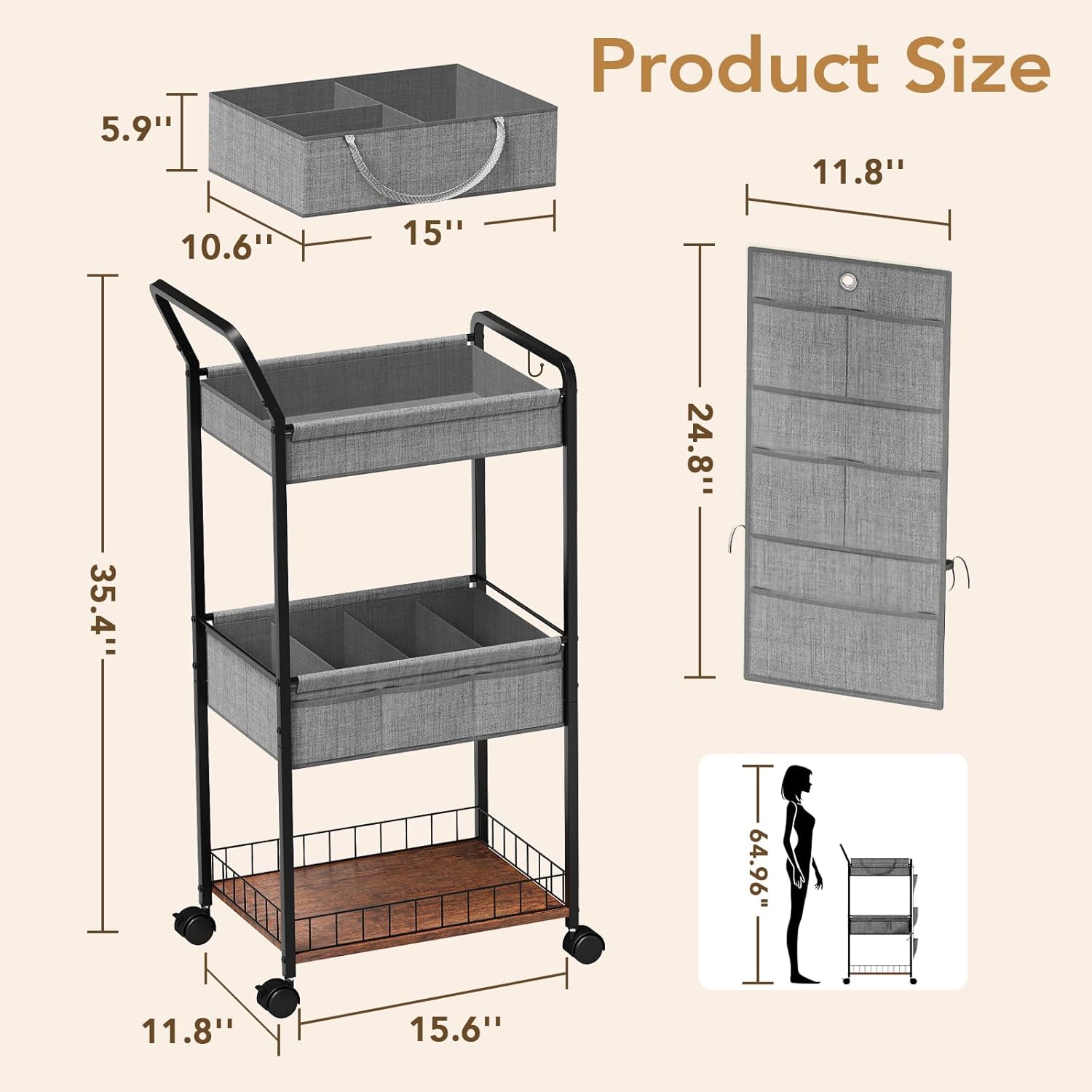 BBLIKE 3-Tier Diaper Caddy Organizer - Rolling Utility Baby Cart with Basket and Side Pockets for Nursery and Baby Essentials, Multi-Function Cart for Bedroom and Bathroom,Gray