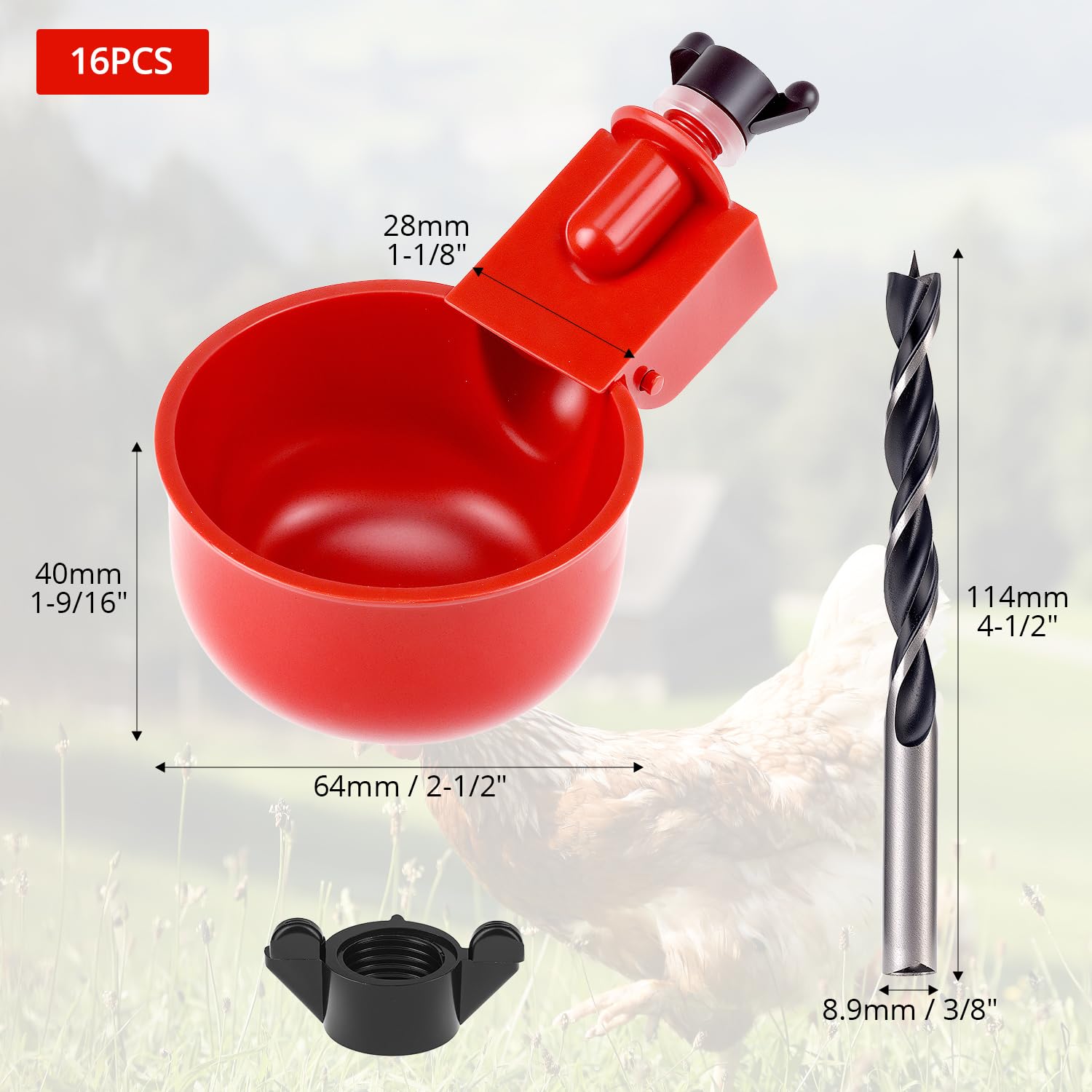 QWORK® Set de 16 Bebederos automáticos para Pollos con Taladro Especial - dispensador de Agua para Aves de Corral - Hecho de plástico Acero Inoxidable.