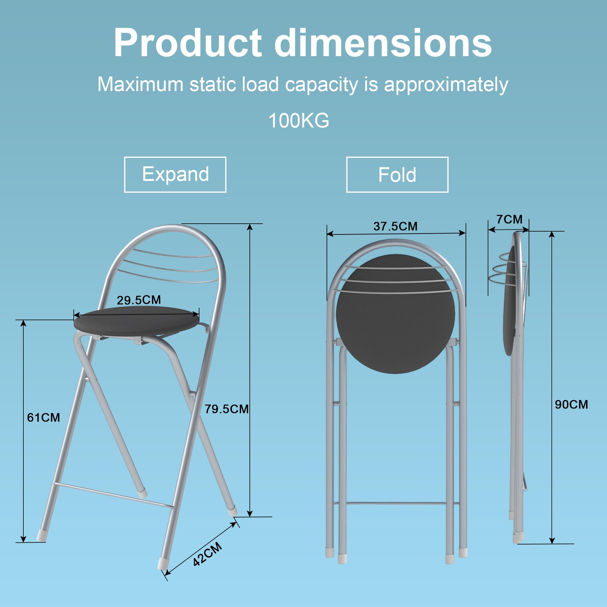 Tabouret Bar Pliant avec Rembourrage, Chaise Cuisine avec Dossier, Hauteur Assise 61 cm, Aucun Assemblage requis, Tabouret Pliant Portable, pour Cuisine, Salon, Salle à Manger, Noir et Argent