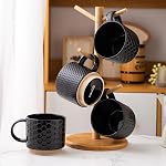GBhome 15OZ Stackable Coffee Mugs, Ceramic Coffee Mugs with Texture Patterns for Man,Woman,Dad,Mom, Modern Coffee Cups Set of 4 for Latte/Cappuccino/Cocoa. Dishwasher&Microwave Safe，Black