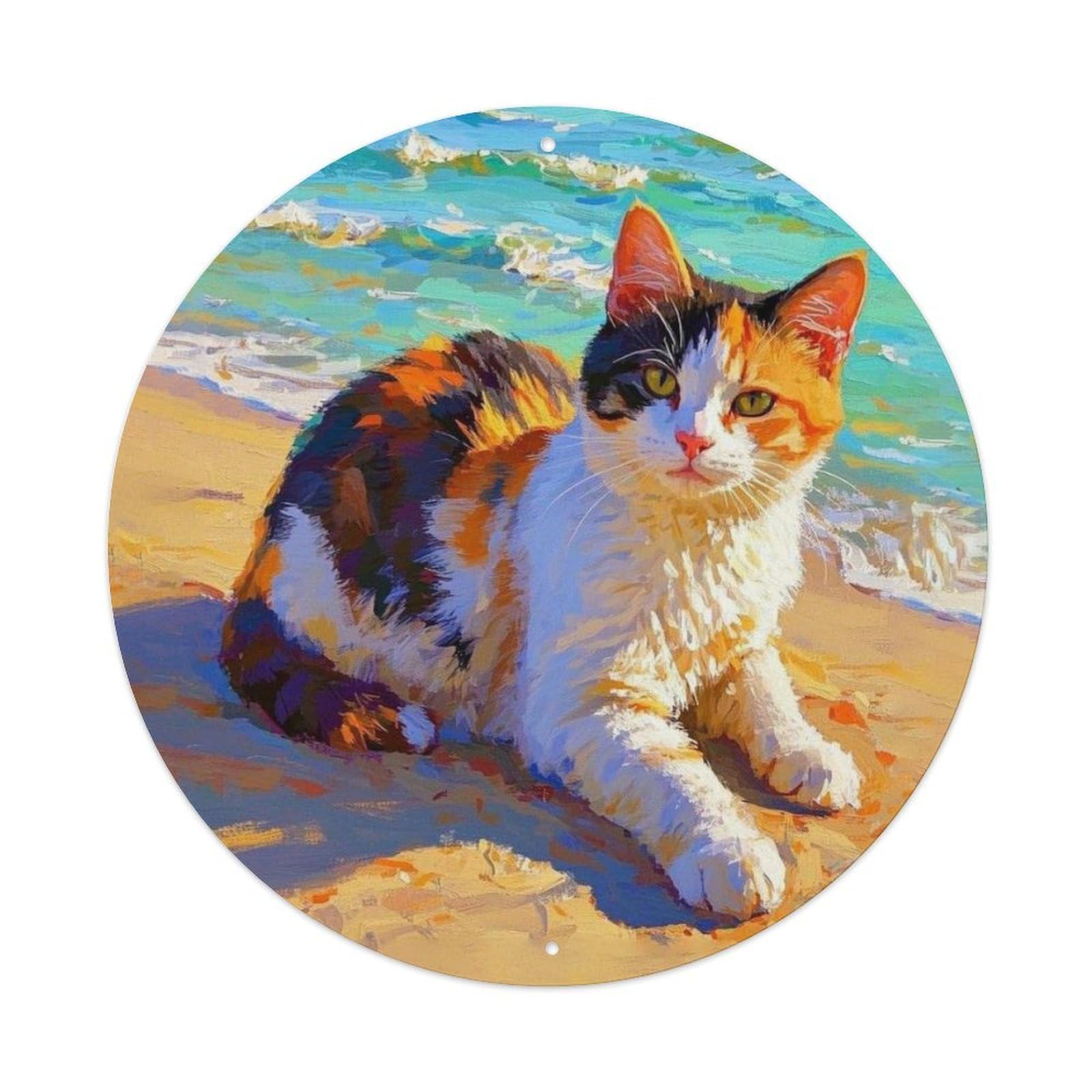 Animal Calico Cat Summer Beach Vintage Metal Tin Sign Plaque Wall Decor for Cafe, Club Bar, Office, Garden Metal Poster 8x8Inch
