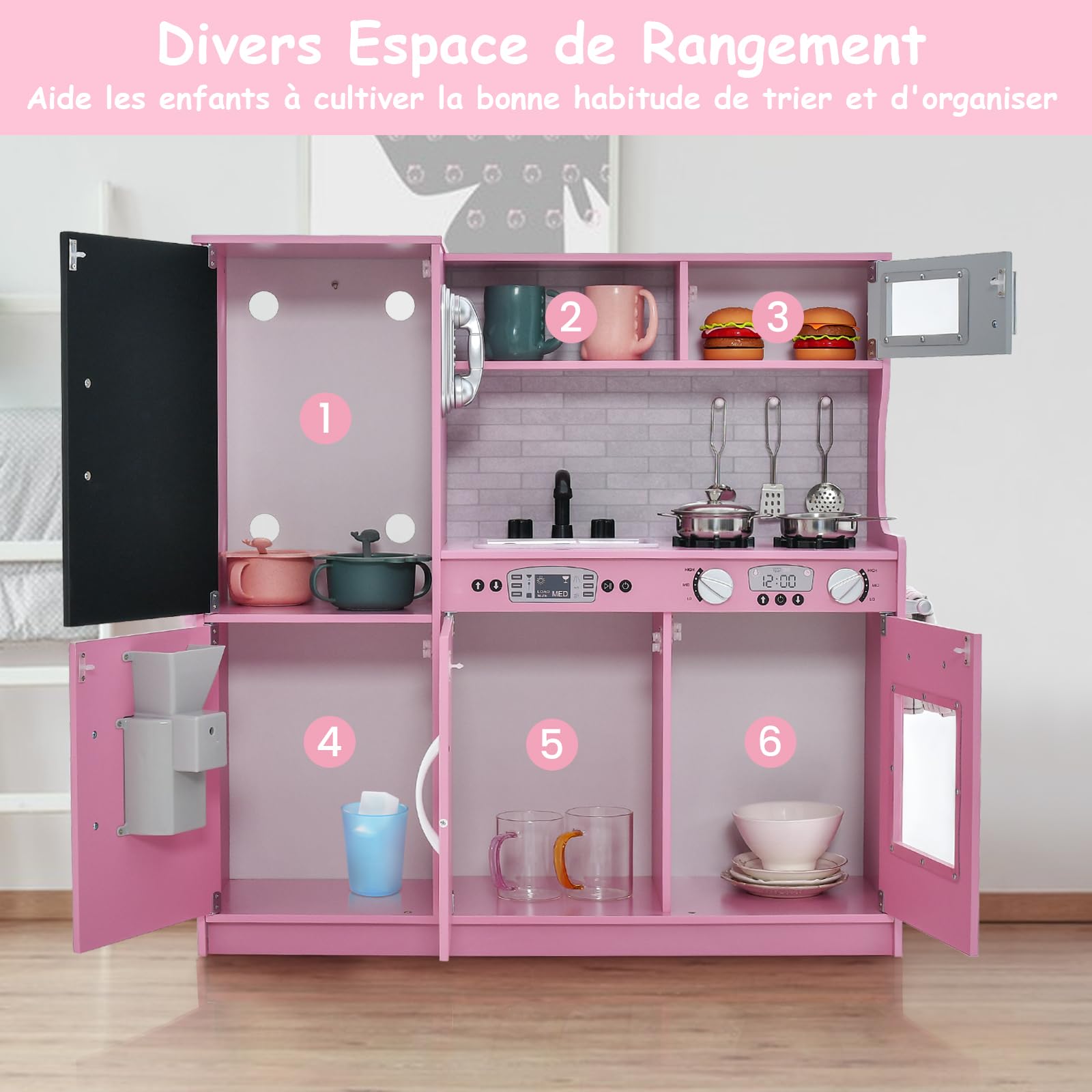 GOPLUS Cuisine en Bois Enfant avec Effet Sonore, Jouet de Cuisine Enfantavec Tableau Noir et 6 Compartiments de Rangement, Télephone, Accessoires Riches, pour Garçon Filles 3-6 Ans (Rose)