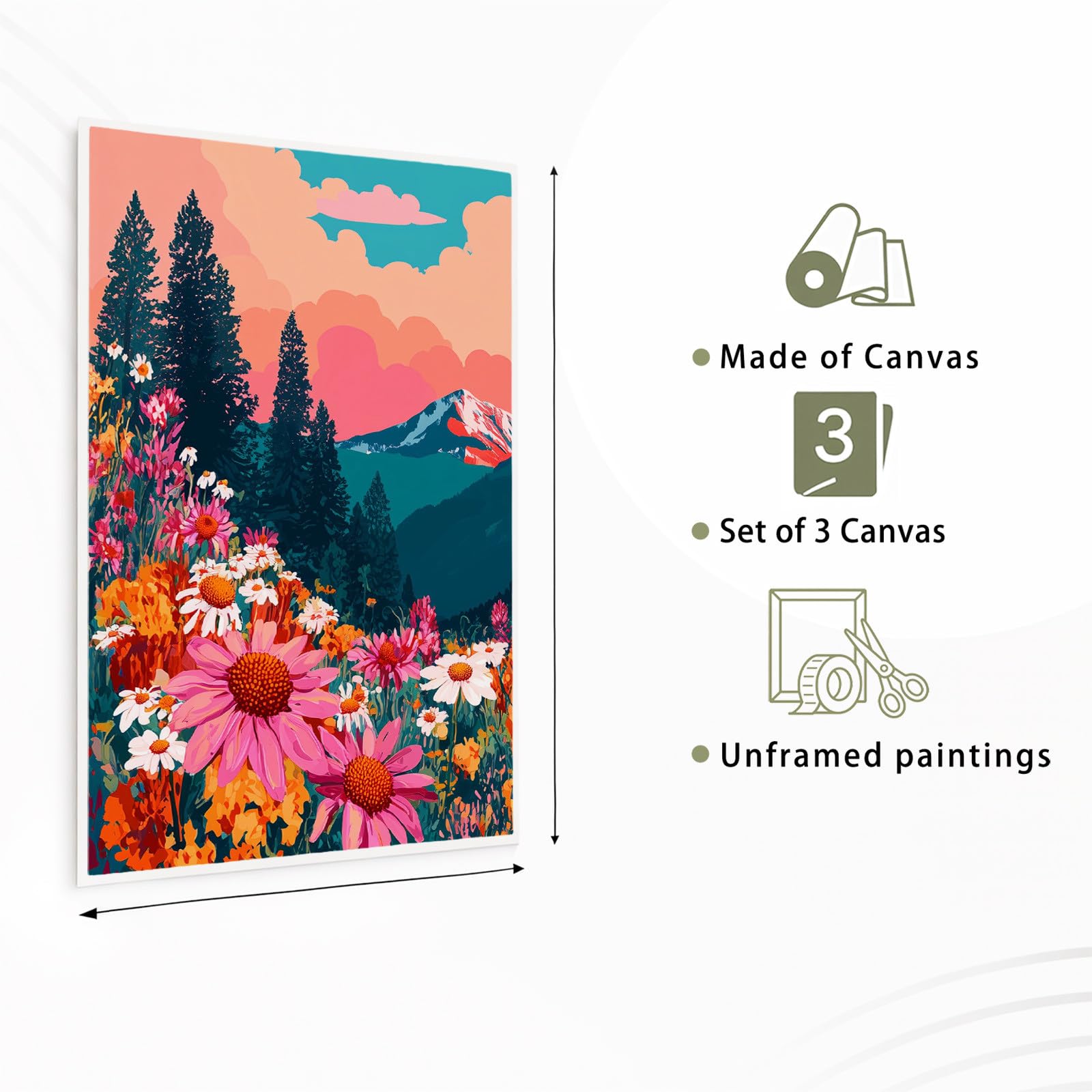 Generisch 3 piezas de arte de pared pósteres, arte popular floral astético murales para sala de estar, dormitorio, decoración de montaña de nieve, cama de flores, bosque, flor de margarita, lienzo de