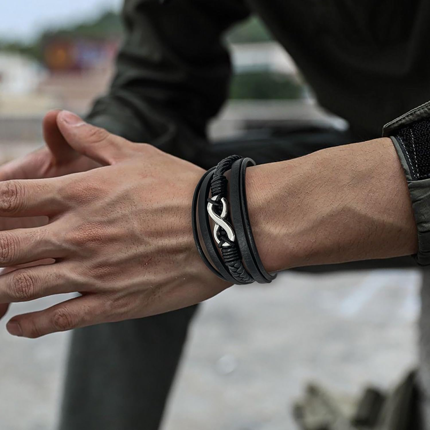 Men's Leather Infinity Bracelet Stainless Steel Number 8 Wristband Cuff Bangle Bracelets Gifts for Men, 8.3 & 9.1 inches - Image 4