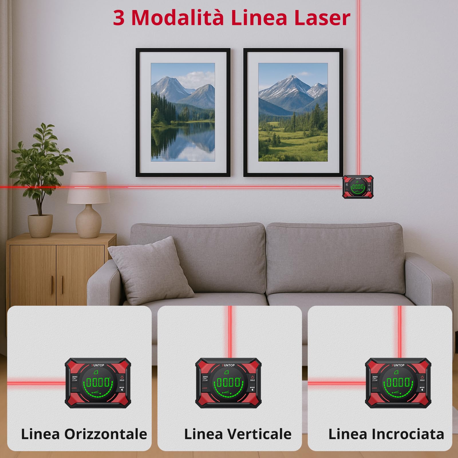 XUNTOP Digital Level Box Laser Digitale 3 in 1, Inclinometro Magnetico Ricaricabile con Livella a Croce, 4x90° e 2x180° Campo Misura, Precisione ±0.1°, Display LCD, per DIY, Falegnameria, Costruzione