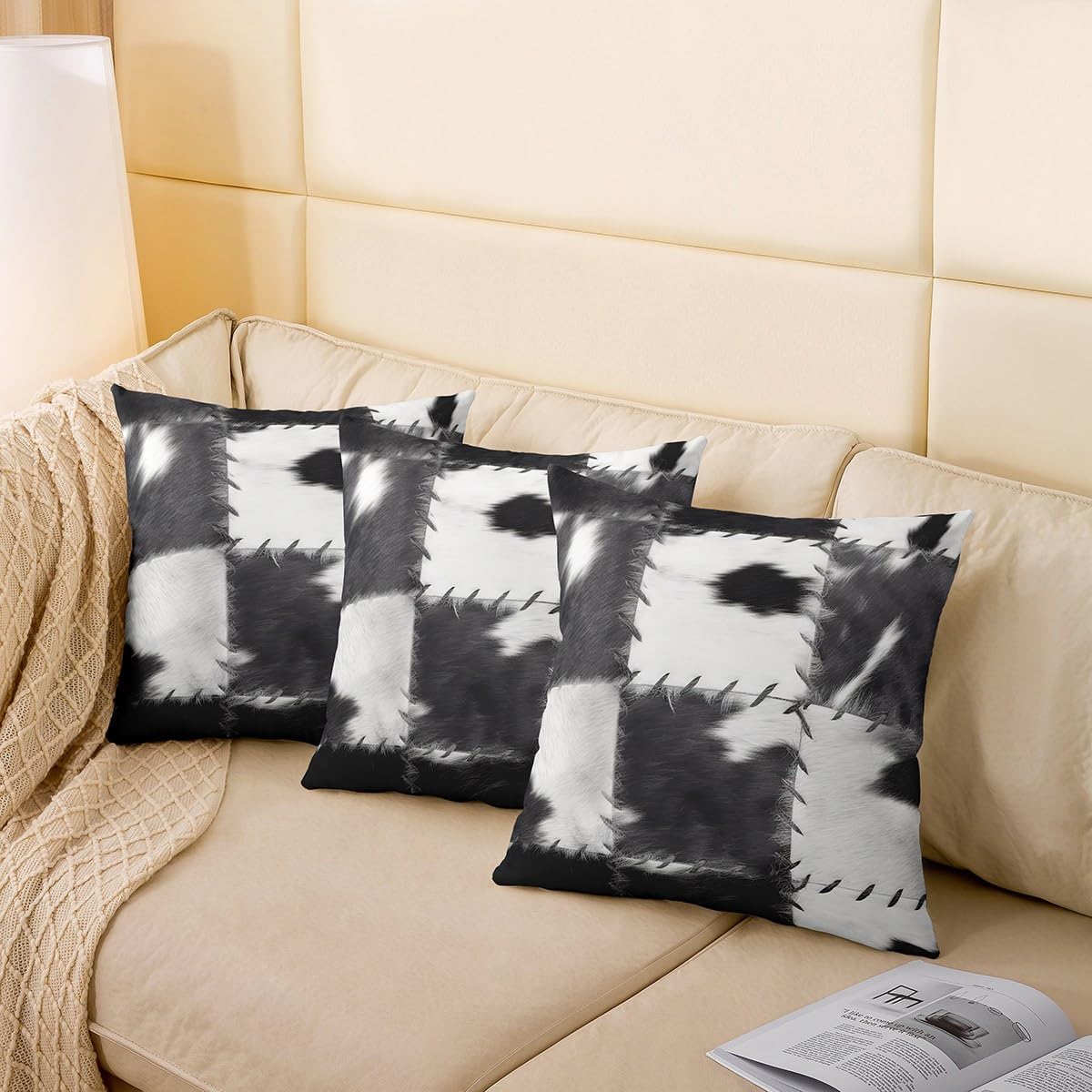 (Not Real) Cowhide Throw Pillow Cover 24x24, Patchwork Cow Fur Print Decorative Square Pillow Case for Home Bed Sofa Couch, Farm Animal Pillow Cover, Western Cowboy Farmhouse Cushion Cover, Grey White