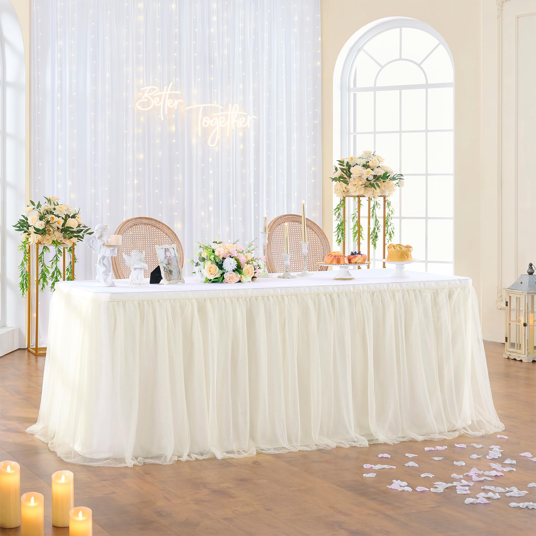 NSSONBEN Gonna da tavolo in tulle avorio per tavoli rotondi rettangolari 275×76cm
