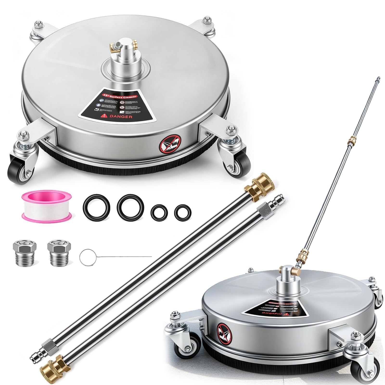 Limpiador Superficies para Hidrolavadoras, Limpiador Superficies 15" Máquina para Limpiar Adoquines con 4 Ruedas Carcasa Acero Inoxidable Conector Rápido 1/4 Pulgada y 2 Lanzas Extensión (15")