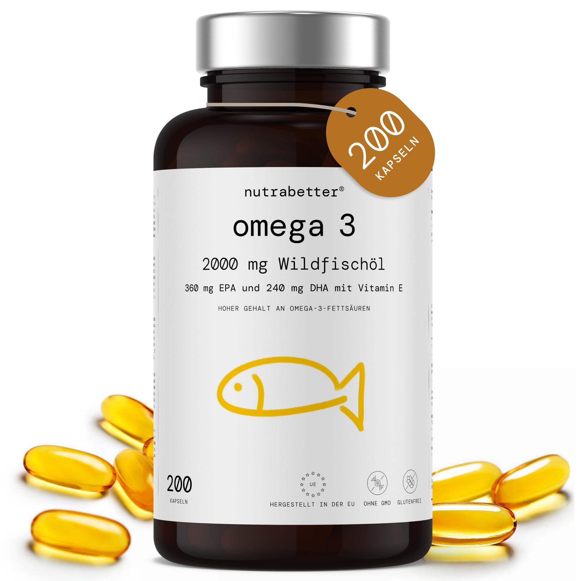 Omega 3 Kapseln 2000 mg | 200 Softgels | 600 mg reines Omega-3 + Vitamin E | Geprüfte Qualität | Hochdosierte Omega 3 Fettsäuren für Herz, Gehirn & Blutdruck | nutrabetter®