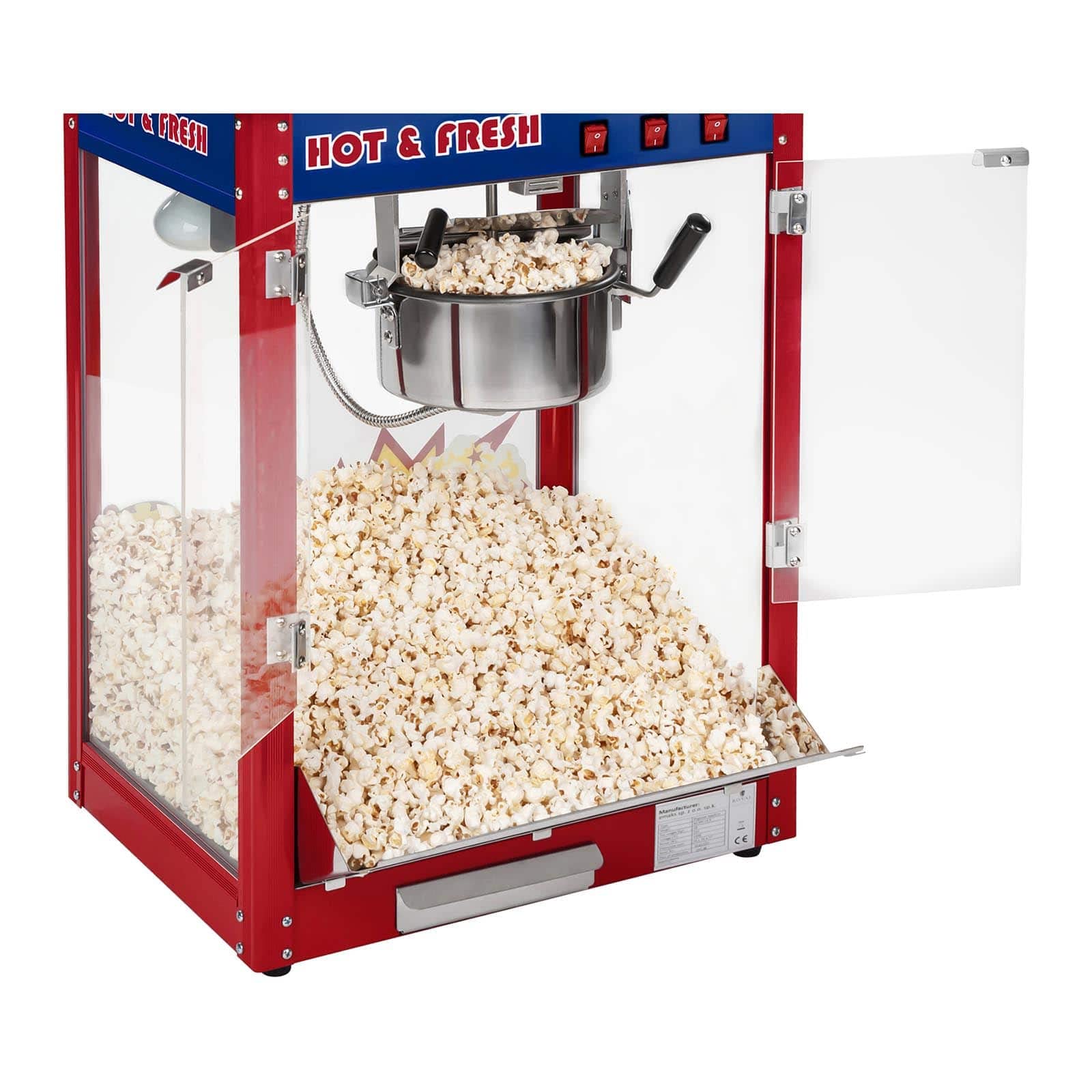 Royal Catering Machine à Popcorn (1.500W, rendement horaire 5 kg/h, 16 L/h, diamètre de la cuve 18 cm, récipient antiadhésif, rouge avec chariot) Design américain