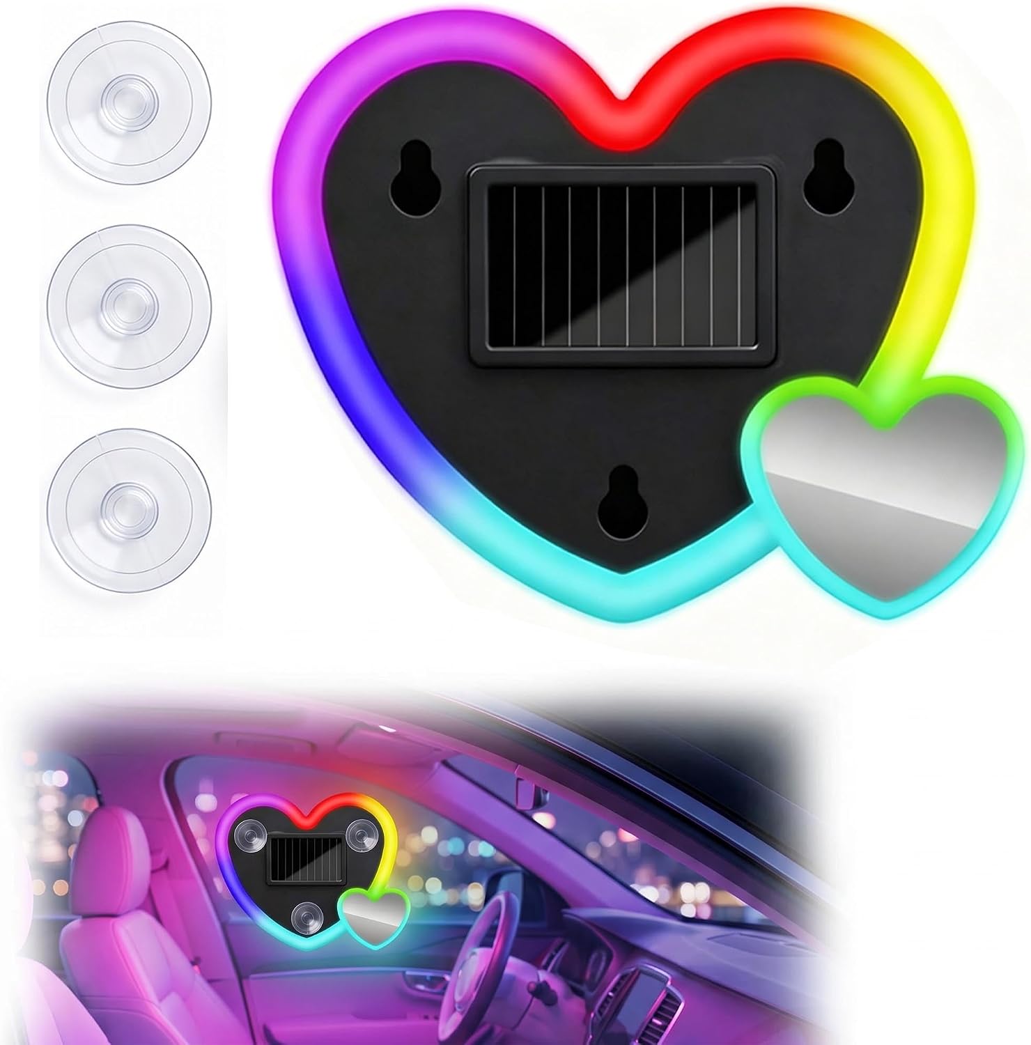 1PCS Car LED Ambient Light, Solar Heart Lights for Car Window (Rainbow)
