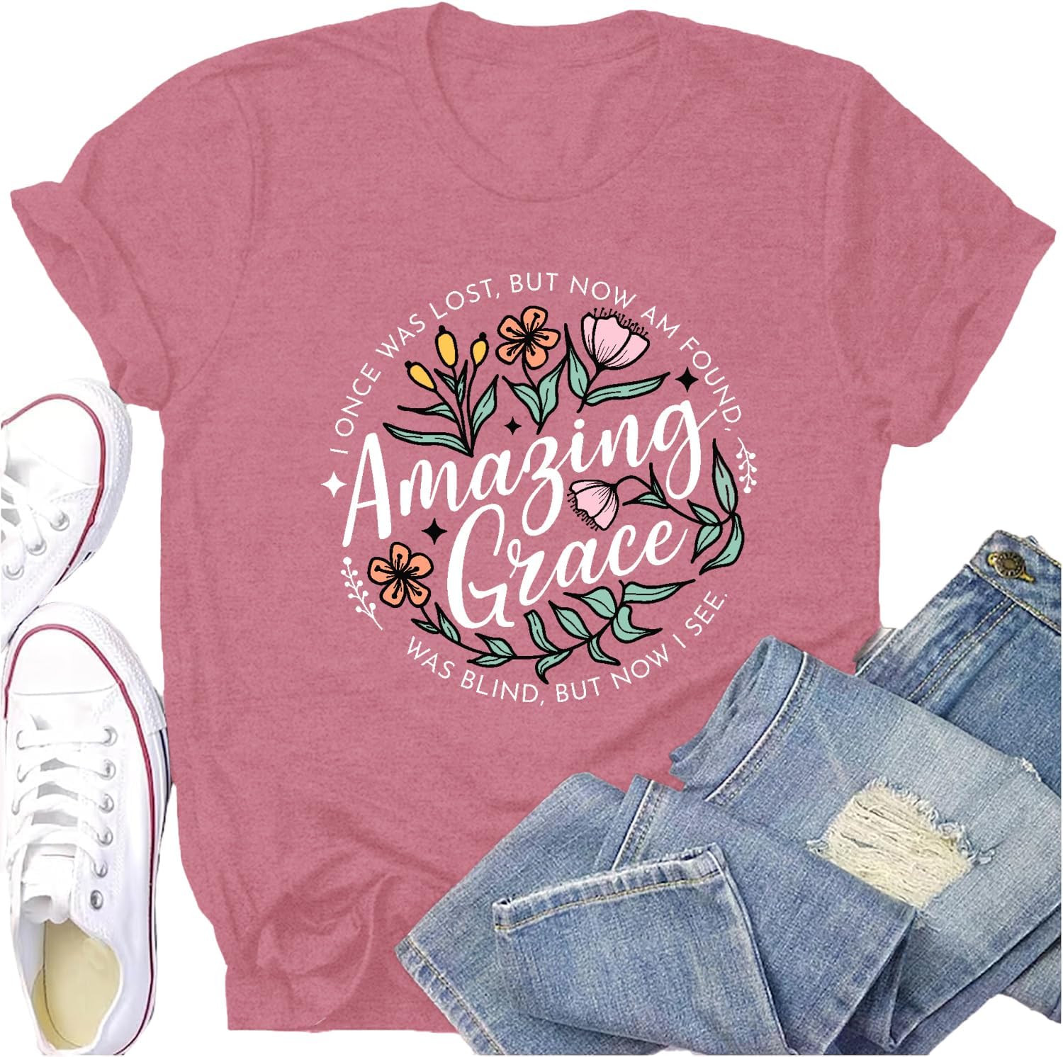 Potia Christian Shirts for Women Faith Jesus Bible Verse Tshirt Amazing Grace Print Tee Tops