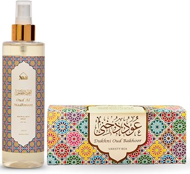 Oud Bakhoor Variety Box & Oud al Madhmoon Attar Al Faraash by Dukhni | 30 pc Authentic Arabic Oud Incense & 250ml Room Freshener, Linen & Mist Spray | Luxurious Long-Lasting Assorted Scents Refill