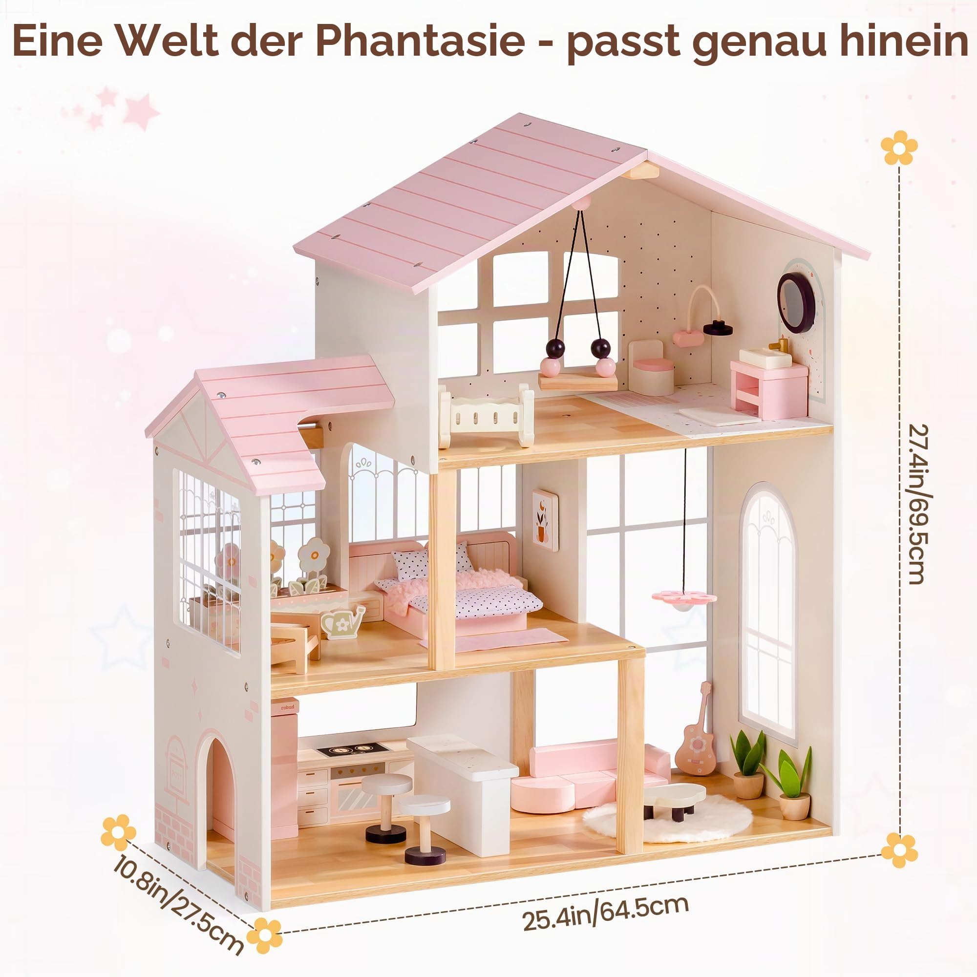 ROBUD Holzpuppenhaus, dreistöckiges Holzpuppenhaus mit 37-teiligem Spielzeugmöbel- und Puppenzubehör-Set–Rollenspiel-Puppenhaus mit 5 Zimmern und Gewächshaus, Spielzeuggeschenk für Kinder ab 3 Jahren
