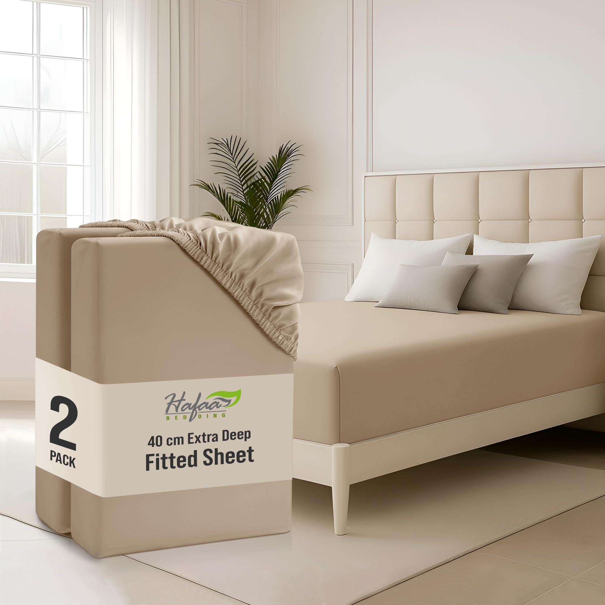 Hafaa Double Fitted Sheet 2 Pack 40Cm Deep Pocket 16 Inch Beige Bed Sheets Hotel Quality Soft Brushed Microfiber Fabric Breathable Shrinkage Fade Resistant Bedsheet — image 1