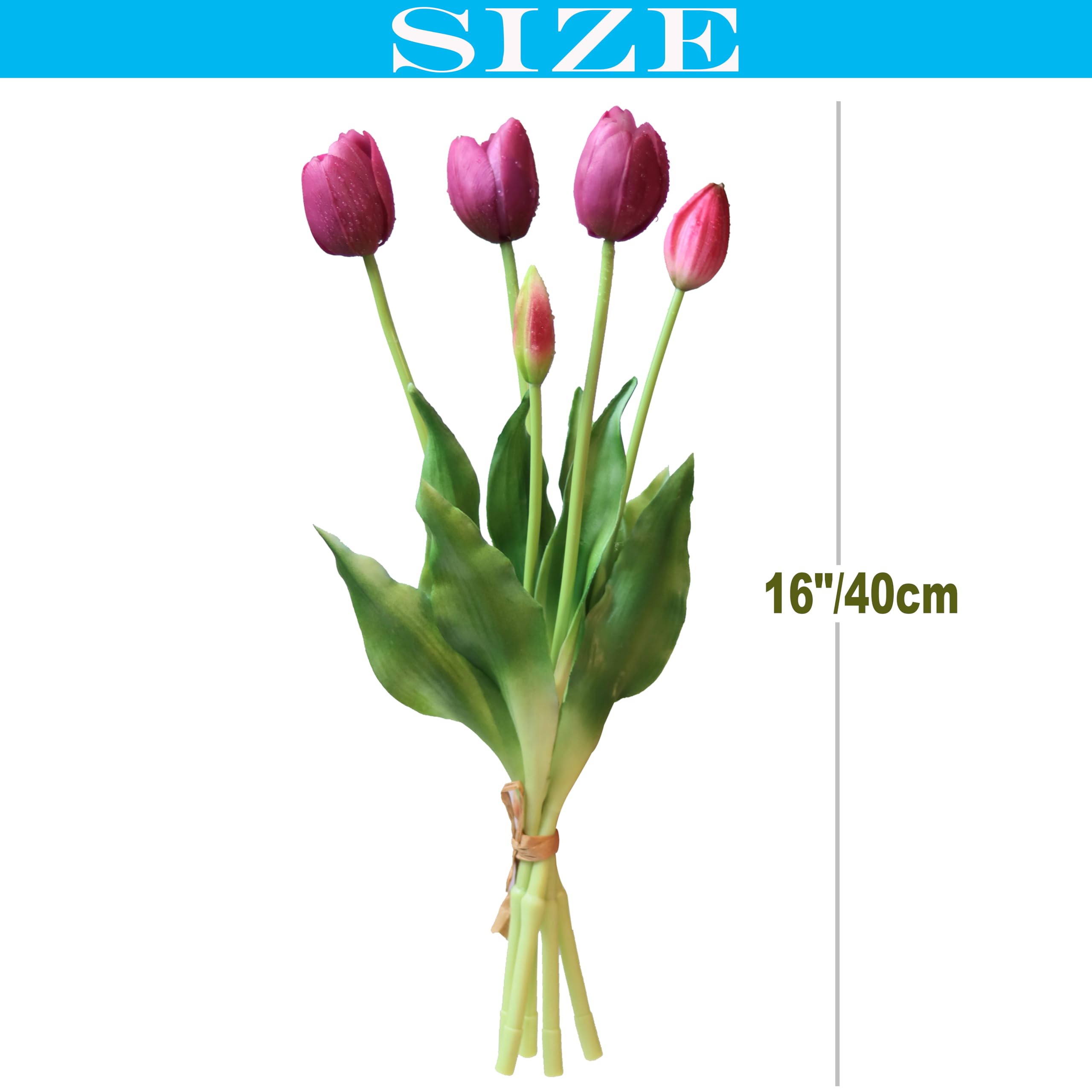 Künstliche Tulpen, 40,6 cm, fühlen sich echt an, mit künstlichen Blättern, künstlichen Tulpen und Knospen für Heimdekoration, Tafelaufsatz, Ornament, Hochzeitsstrauß, Dunkelviolett, 20 Stück