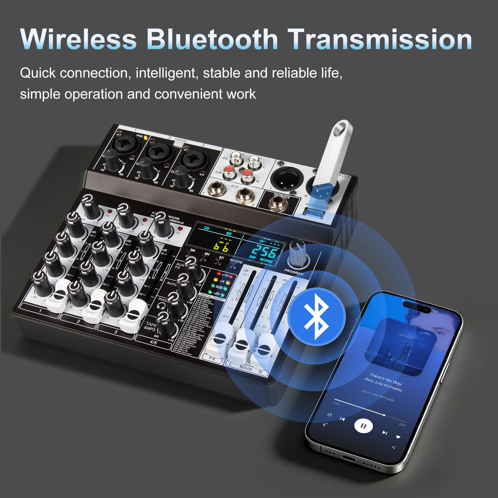 Depusheng Mezclador de audio profesional de 5 canales, sistema de consola de sonido con entrada USB Bluetooth MP3 ordenador, 256 efectos DSP, pantalla LED, potencia fantasma de 48 V para podcast