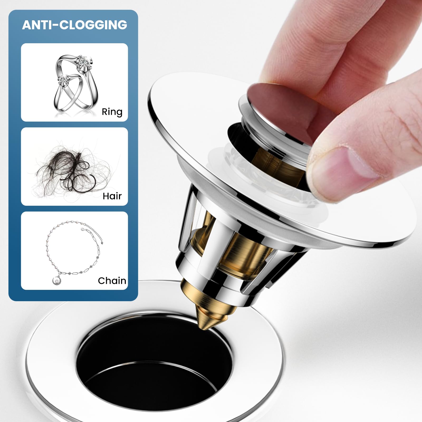 Colador de drenaje universal 2 en 1 para fregadero de baño, filtro de drenaje desplegable con cesta de filtro extraíble de acero inoxidable antiobstrucción, tapón de drenaje de baño para agujeros de
