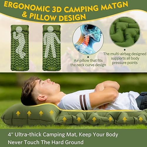 Miniatura 4 de Colchoneta de dormir para campamento, ultraligera autoinflable, colchón de camping con almohada, 78 x 47 pulgadas, 78 x 27 pulgadas, bomba de pie