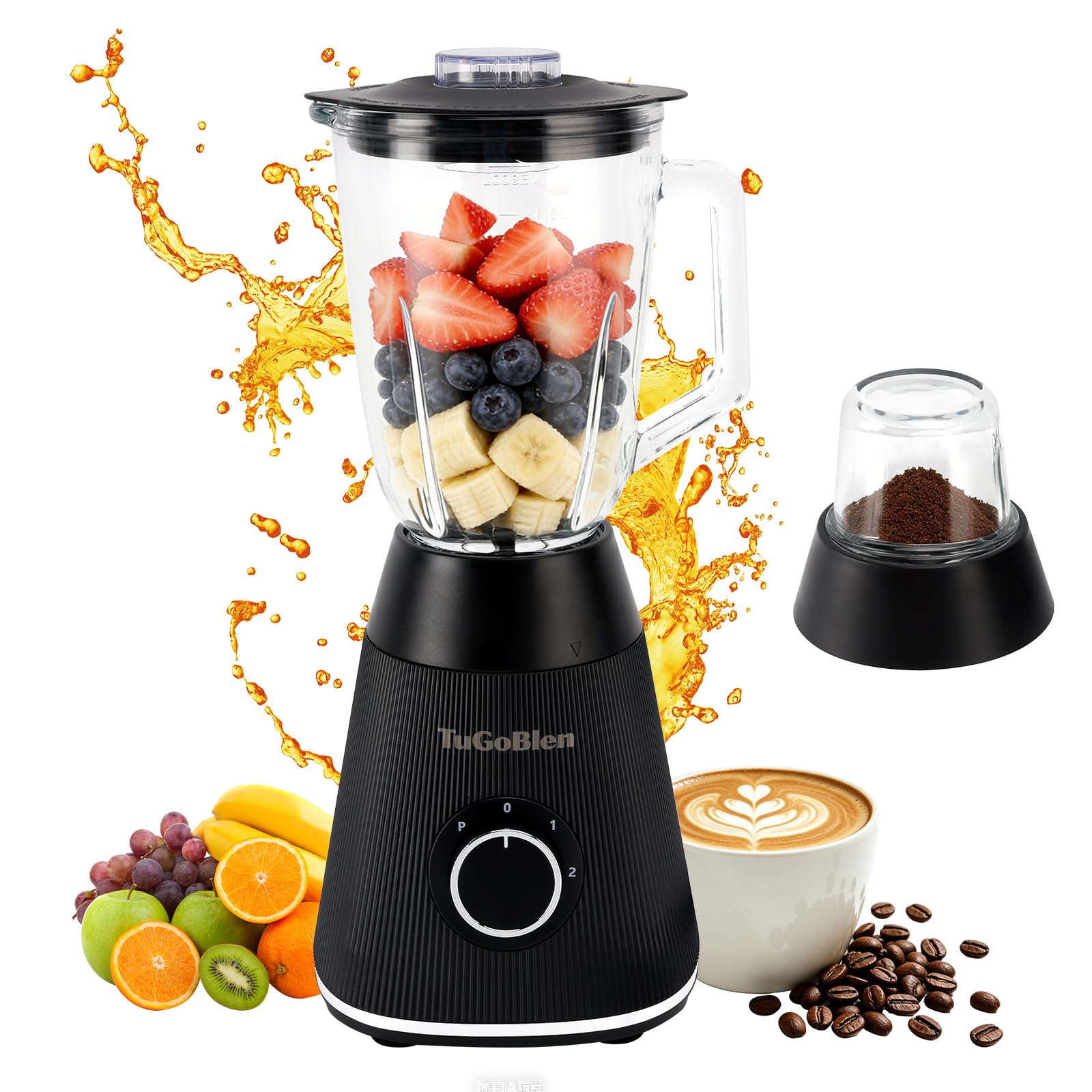 TuGoBlen Food Processor with 51oz Glass Blender Jar & 6.7oz Glass Grinder Cup, Multi-Functional Table Blender for Smoothies, Shakes, Spices, Nuts, Baby Food, Jam