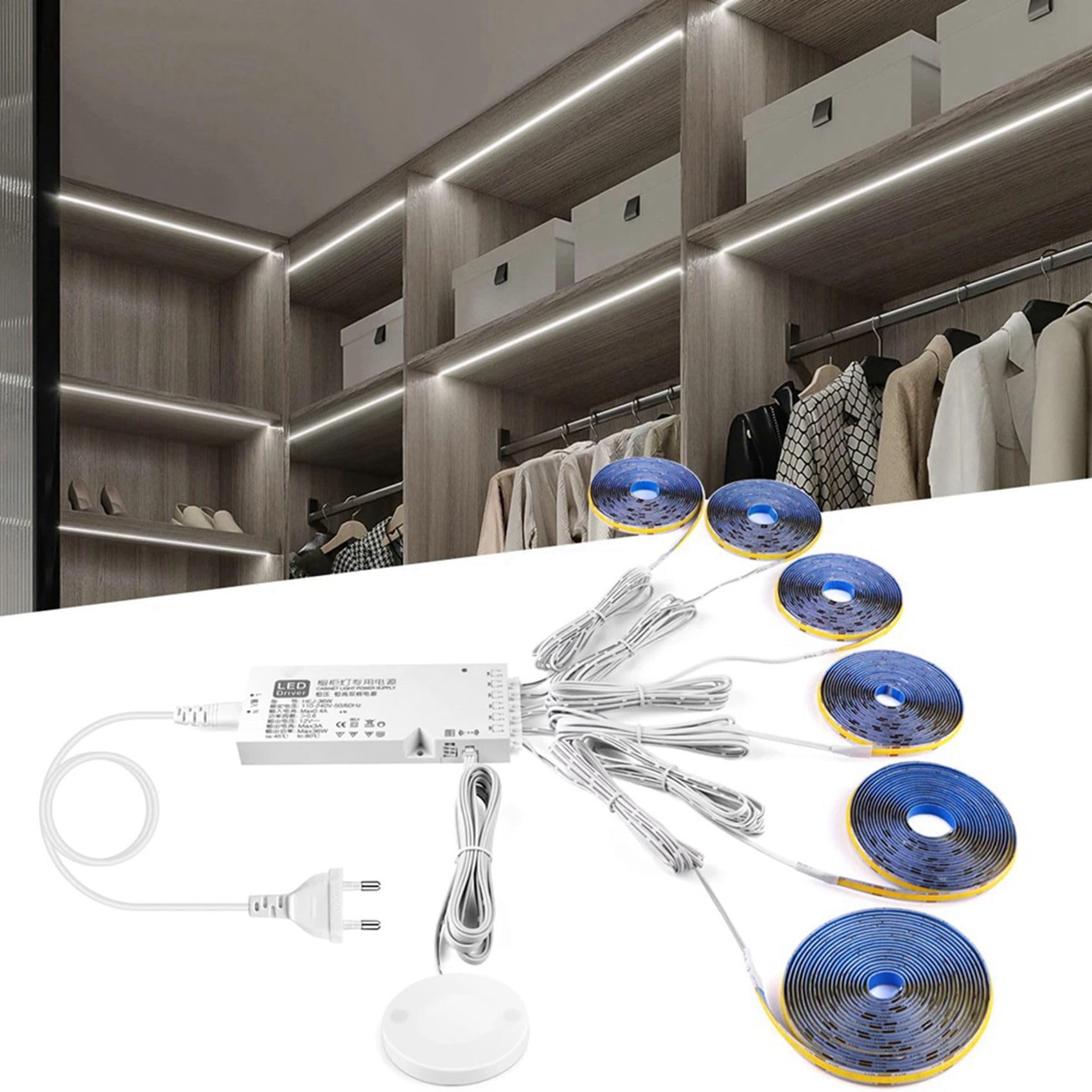 12X Striscia LED COB Dimmerabile con Sensore Tattile Il Mobiletto, Adatta per Camera da Letto, Guardaroba, Cucina Interna, Presa EU