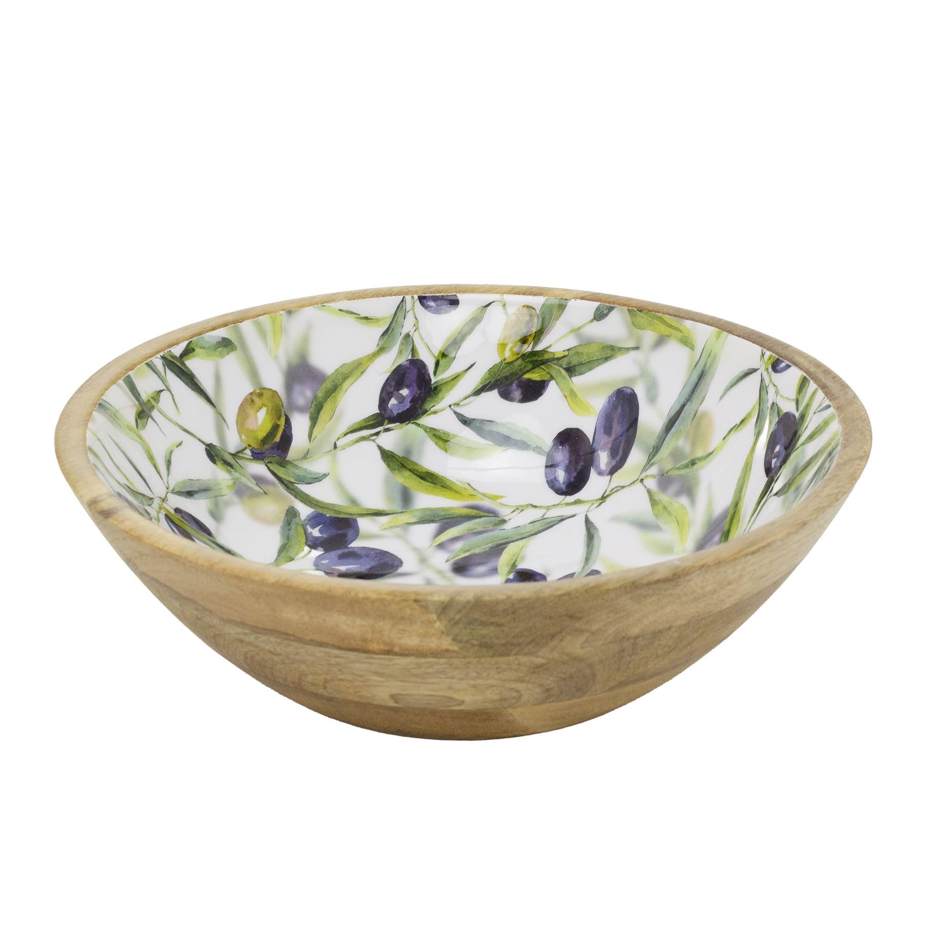 Carousel Home Medium Olive Enamelled Wooden Bowl, 25x8cm Mango Wood Serving Dish with Mediterranean Olive Pattern for Salads, Fruit and Snacks