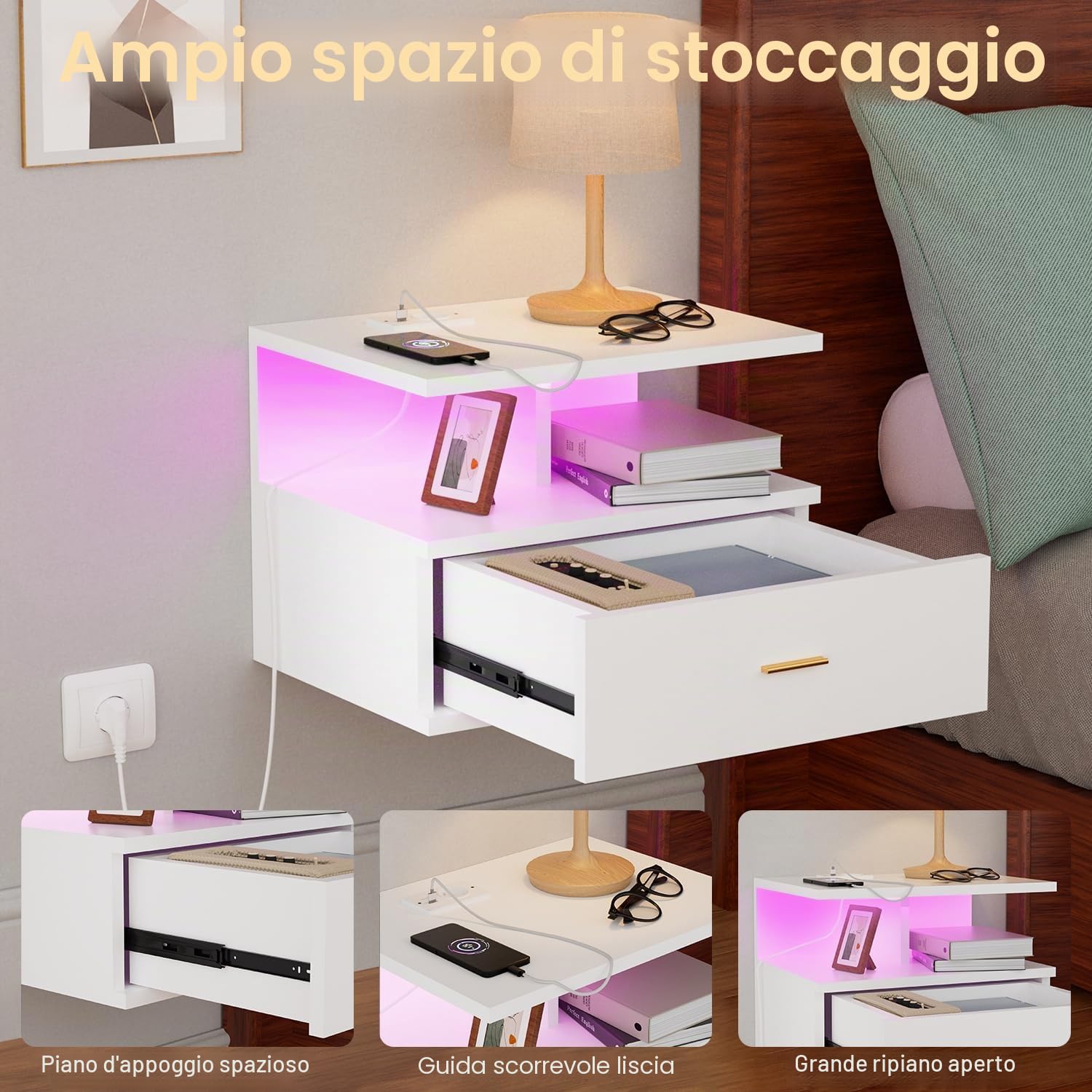Comodino Sospeso con Illuminazione LED RGB E 1 Presa AC/2 Porte USB,Comodini Sospesi Camera da Letto con 1 Cassetto E 2 Ripiani Aperti, 40 X 30 X 30 cm,Adatto Per Camera Da Letto E Soggiorno(Bianco)