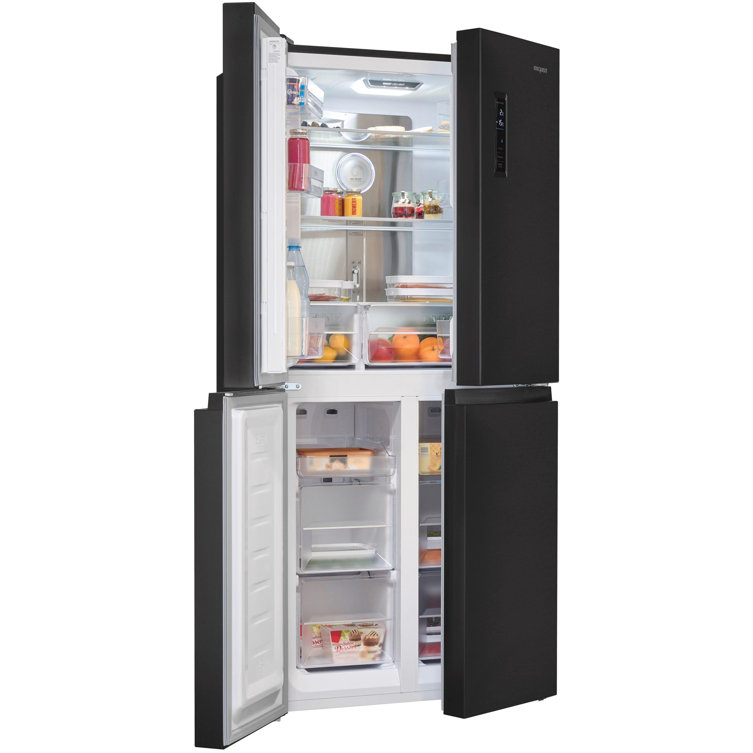Exquisit® Frigorífico Americano 4 Puertas, 421L, Inox Oscuro, Clase C, No-Frost Total, Control Electrónico, Congelación Rápida, Función Vacaciones, Medidas (180,0 x 79,5 x 70,0 cm)