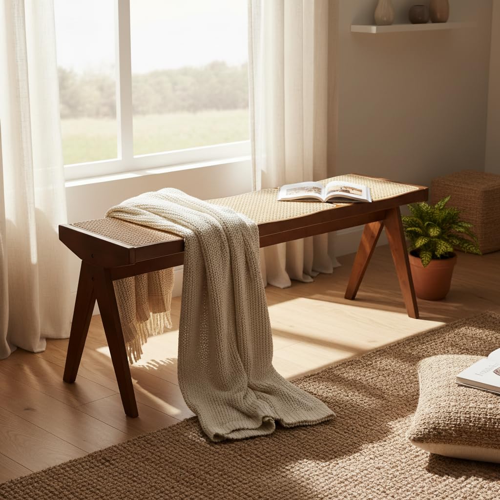 Furlide Wooden Rattan Dining Bench for Entryway, 49”Farmhouse Solid Wood Indoor Bench with Woven Cane Seat, Mid Century Bed End for Bedroom, Hallway, Living Room，Walnut | Woven cane seat and solid wood frame; use as an end-of-bed bench or extra seating in