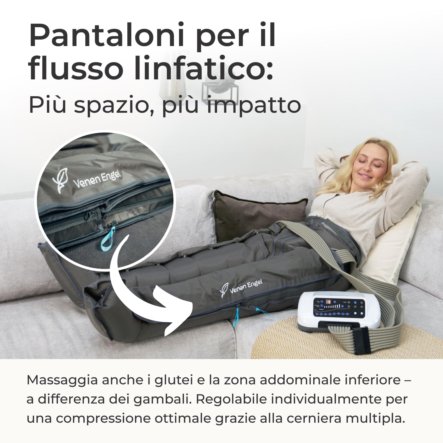 Venen Engel 8 Pantaloni Lymph-Flow, 8 camere d’aria, 6 programmi – massaggiatore gambe tipo Recovery Boots, ideale per il drenaggio linfatico manuale.