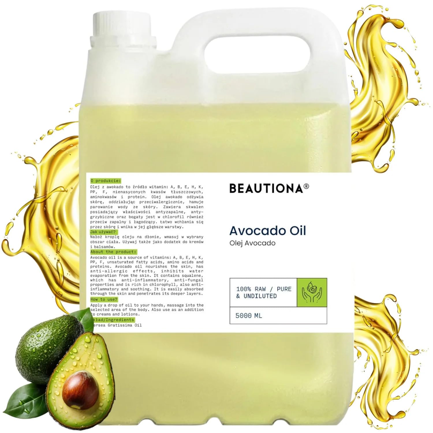 Avocadoöl kaltgepresst 5 Liter – natürliches Pflege- & Massageöl für Haut, Haare & Nägel – reich an Vitaminen – vegan, hautfreundlich & vielseitig anwendbar