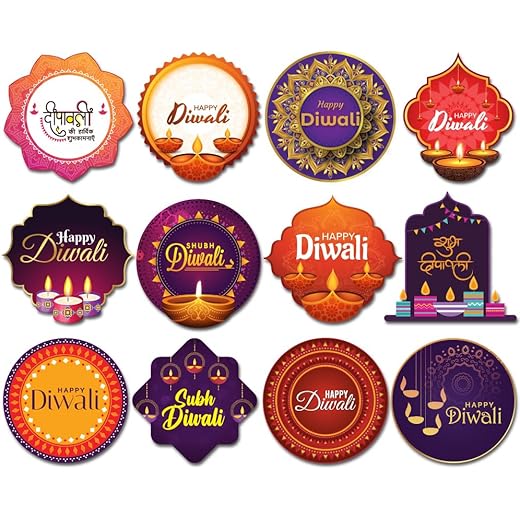 Festiko® Set of 48 Pcs Happy Diwali Greeting Stickers (12 Designs), Happy Diwali Stickers For Packing, Diwali Stickers For Gifts, Diwali Wishing Stickers
