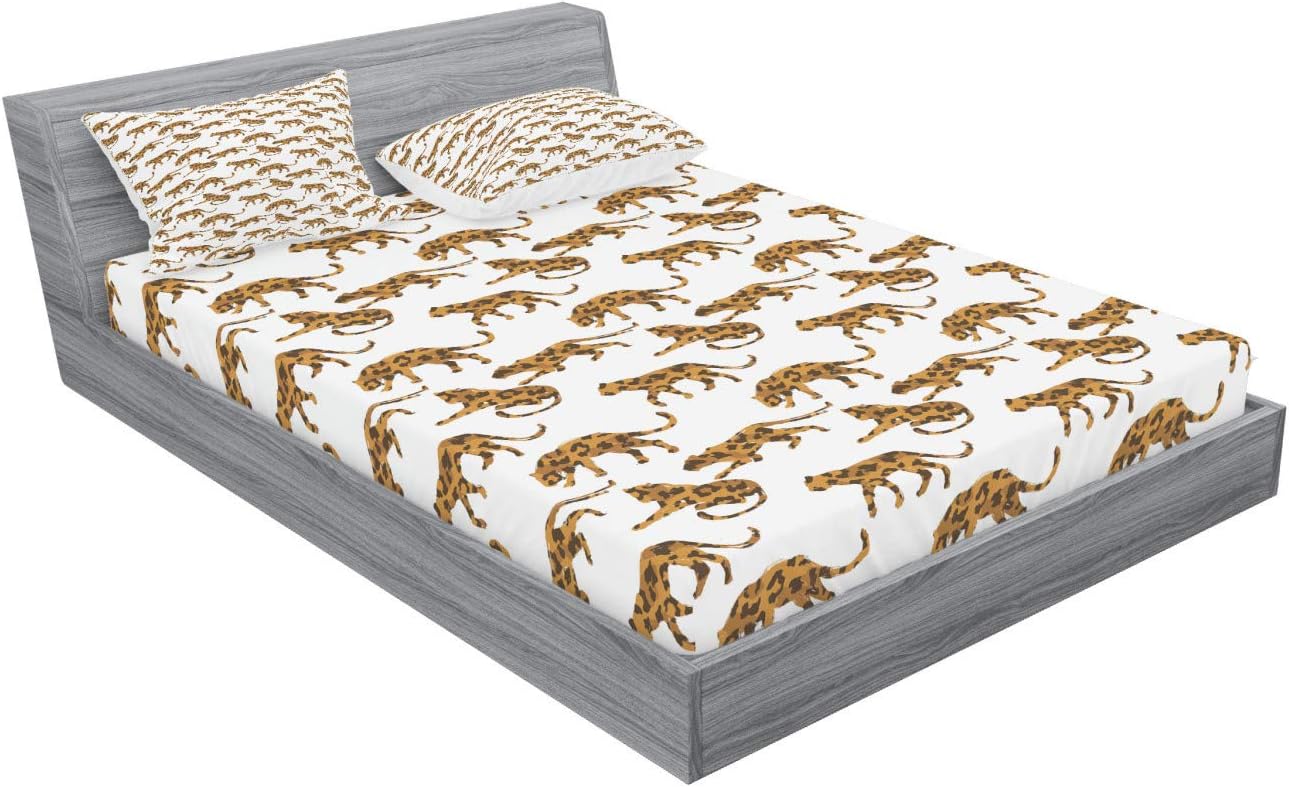 Ambesonne Jaguar Fitted Sheet & Pillow Sham Set, Watercolor Style Composition of Exotic Animals Hand Drawn Design, Decorative Printed 3 Piece Bedding Decor Set, Queen, Pale Brown and Brown