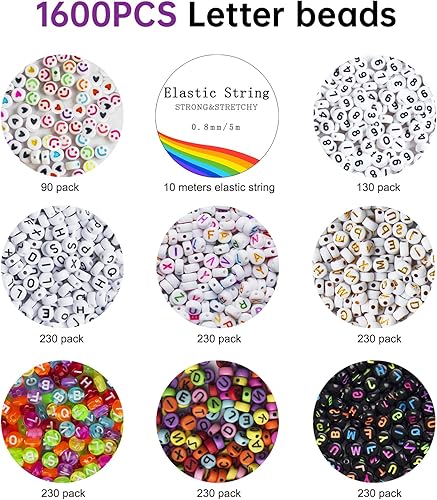 Miniatura 5 de Redtwo Kit de 1400 cuentas de letras para hacer pulseras de amistad, cuentas del alfabeto A-Z, cuentas de corazón coloridas y cuentas de números