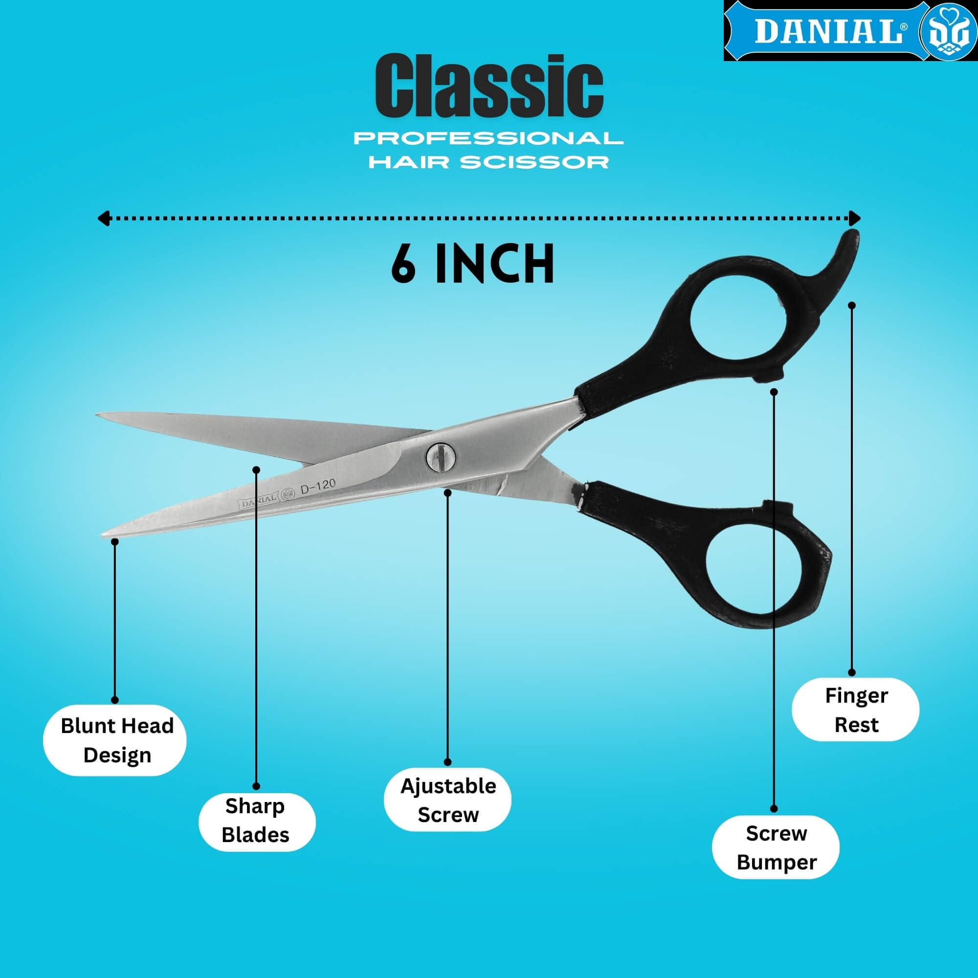 DANIAL 6-Inch Stainless Steel Barber Scissors for Professional Hair Cutting - Ideal for Men and Women's Grooming, Beard, and Mustache Trimming 3