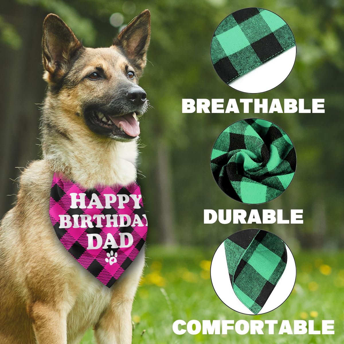 Happy Birthday Dad Hund Bandana | Klassischer Plaid Druck | 63,5x43,2 Cm | Flanell Stoff