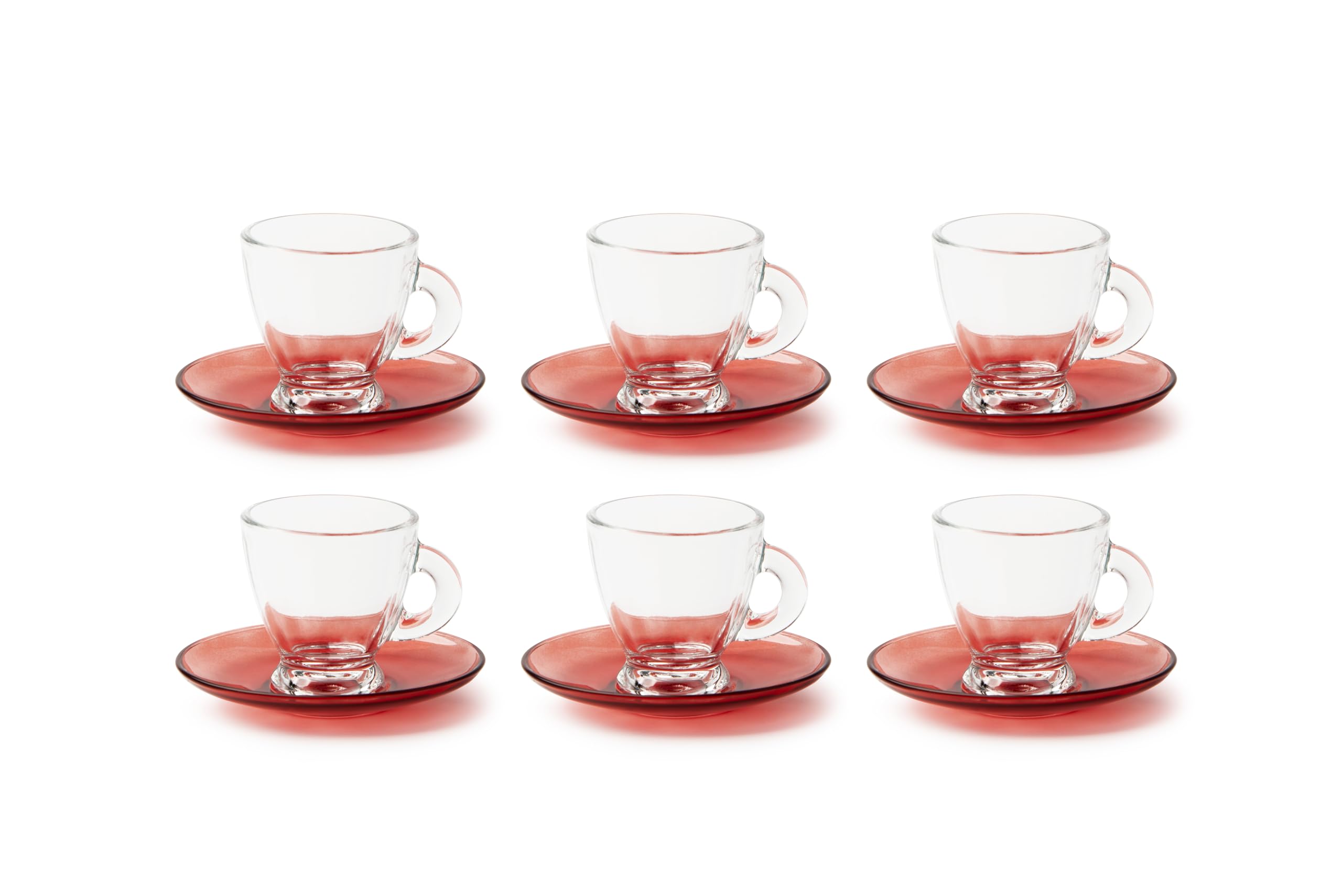 Excelsa Petra Set of 6 Coffee Cups with Saucers, Glass, Transparent and Red, 90 ml Capacity